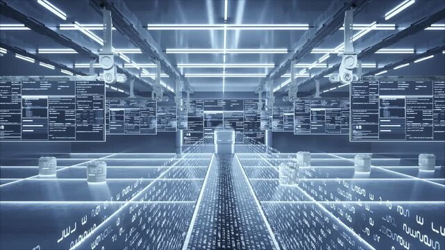 AI server computing center. Glowing digital lines, code. Represent artificial intelligence, machine learning, big data, cloud computing, future tech, network, innovation. Chip connected to motherboard