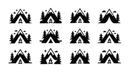 Black silhouette icons of mountains and trees arranged in a grid pattern minimalist design for outdoor and nature themes © Jayshri
