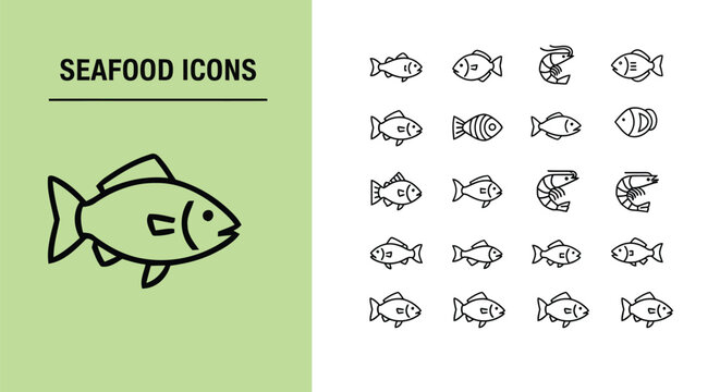 Minimalist vector graphic set presenting an array of seafood icons, including various fish and shrimp, ideal for modern restaurant menus and aquatic web design.