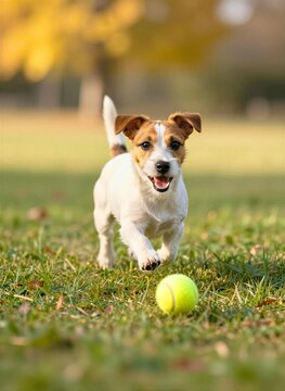 Joyful Jack Russell Terrier Chasing Tennis Ball in Sunny Park