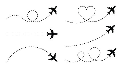 Airplane route with dotted flight path. Flying plane symbol with twisted, curved, straight and heart shape dashed trace path. Transparent png and vector illustration. © Active Creator Pro