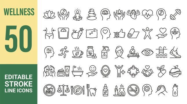 Wellness Line Editable Icons set. Vector illustration in thin line modern style of health related icons: mental health, healthcare, spa, medical, wellbeing, yoga, meditation, lifestyle, and more.