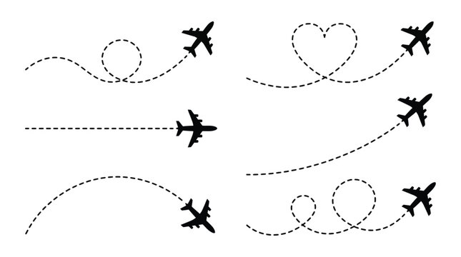 Airplane route with dotted flight path. Flying plane symbol with twisted, curved, straight and heart shape dashed trace path. Transparent png and vector illustration.