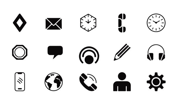 Essential interface icons set with telephone mail clock pencil globe and user silhouette