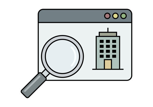 Ventana de navegador web con una lupa y un edificio que representa la b&uacute;squeda de empresas o empleo en l&iacute;nea