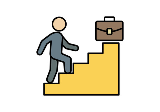 Icono de un trabajador subiendo una escalera hacia un malet&iacute;n que representa el ascenso laboral y el &eacute;xito profesional