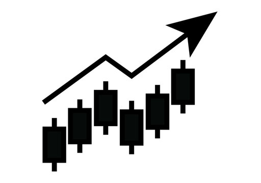 Icono de gr&aacute;fico de velas japonesas con flecha ascendente que representa el crecimiento del mercado burs&aacute;til