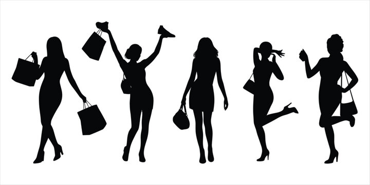 Silhouettes of Women Shopping and Posing with Bags and Shoes woman