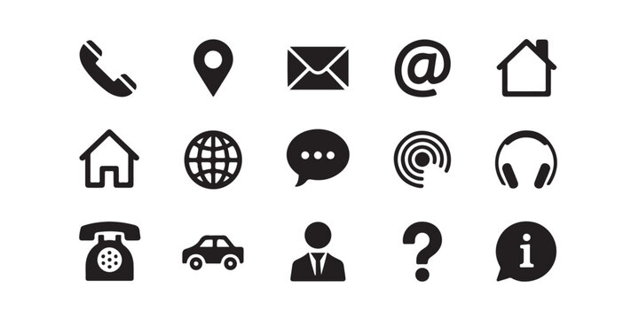 Collection of 15 vector icons for communication, contact, and information services