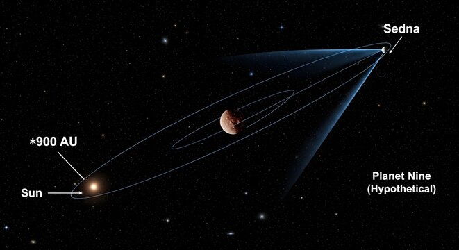 Illustration of Sedna and hypothetical Planet Nine orbiting the Sun in deep space with astronomical units