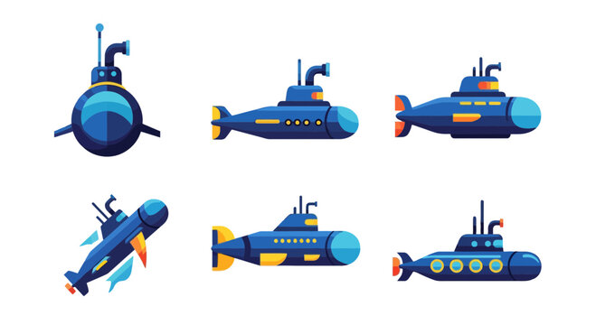 Modern Submarine Vector Illustration Set in Colorful Flat Design Style Isolated on White Background.