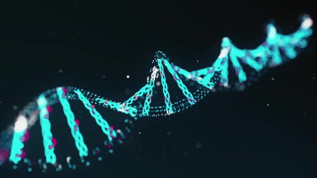 Holographic DNA double helix on black background, gene chain, gene recombination and modification, can be used as background element related to medicine, science or cosmetics industry. 3D rendering.