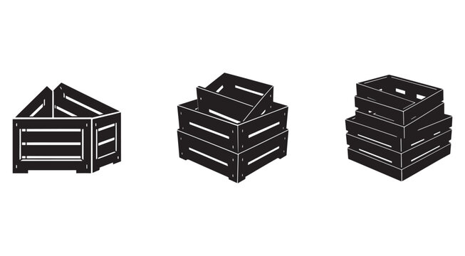 Three black wooden crates in different stacking configurations on white background  isolated wooden boxes for storage and transportation