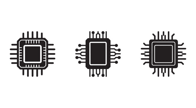Three computer processor chip icons with various pin configurations  electronic components  microchips  circuit boards