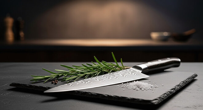 Premium damascus steel chef knife with fresh rosemary on dark slate.