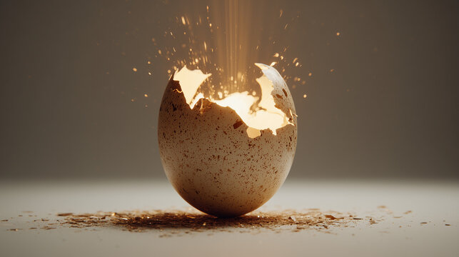 Uovo che si apre emettendo luce. Sfondo chiaro. Pasqua.