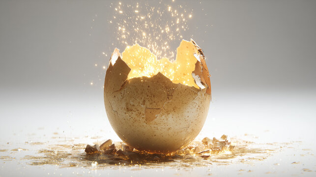 Uovo che si apre emettendo luce. Sfondo chiaro. Pasqua.
