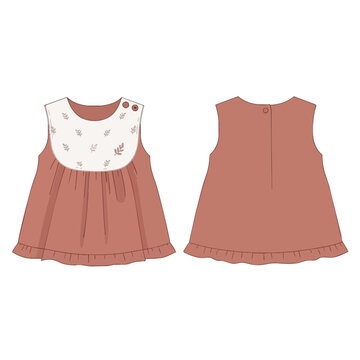 Baby girl tunic dress flat sketch with floral yoke and ruffle hem