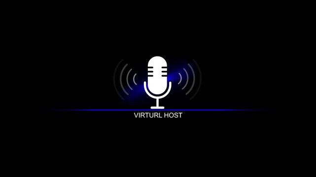 Virtual host microphone with sound waves on black background podcast broadcasting