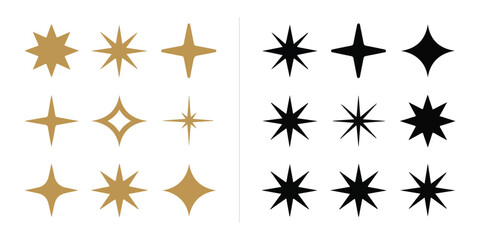 Obraz premium Comparison set of black and gold sparkle icons featuring four point and multi point geometric star shapes.