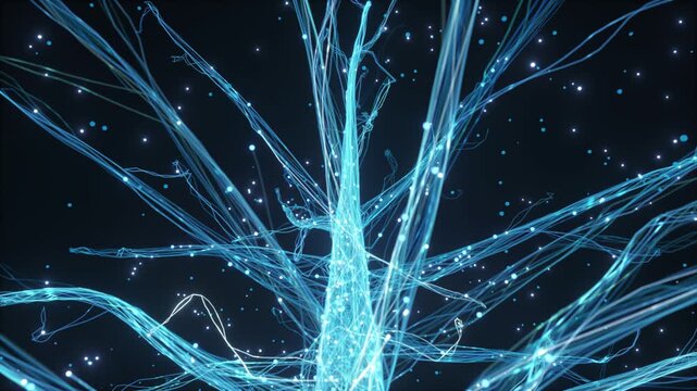The Tree of Life grows, lines extend like arms, bright light travels through the city. Through futuristic VR glasses, users can traverse virtual world, experiencing the future of digital technology.3D