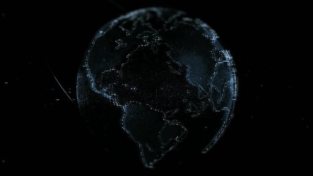 Holographic Earth rotating in dark digital space, showcasing futuristic technology, global visualization, and digital innovation. Loopable 3D animation.