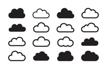 Obraz premium Assorted black and white cloud silhouettes and thick outline icons for mobile application weather status display.