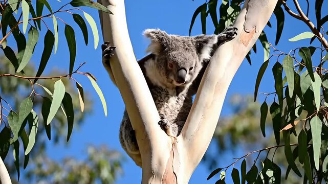 Fluffy koala bear climbing a eucalyptus tree on a bright sunny day