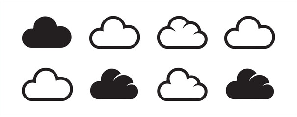 Obraz premium Set of cloud icons in black and white on blue background for weather forecast and digital design elements.