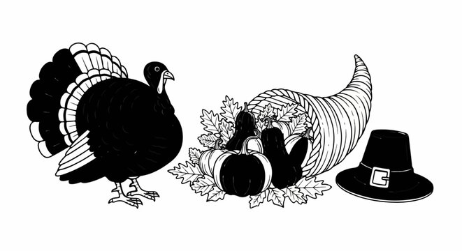 Thanksgiving imagery turkey, cornucopia with gourds, and pilgrim hat