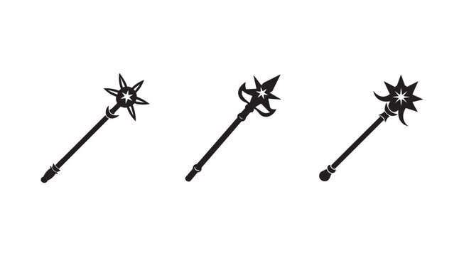 Three medieval flails with spikes and star shaped heads used for battle and self defense  historical weapons  combat tools