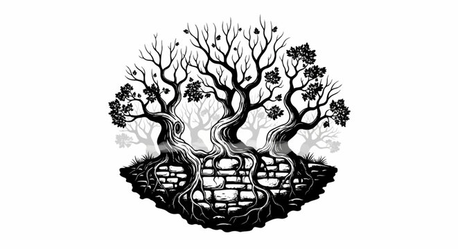 Three gnarled trees with prominent roots intertwining over a stone wall