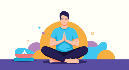 Fototapeta premium Young man sitting in lotus pose meditating in a colorful abstract environment with a sun-like circle behind him.