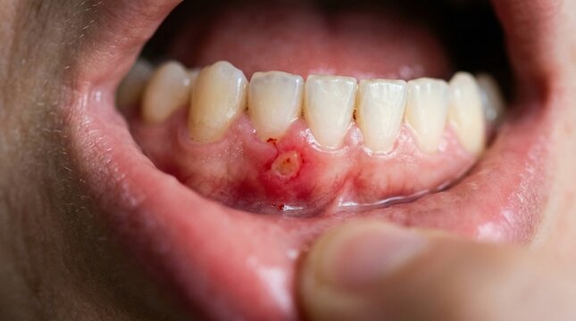 An extreme macro close-up of a painful aphthous ulcer on the lower gum line, highlighting the red, inflamed tissue and white central lesion.