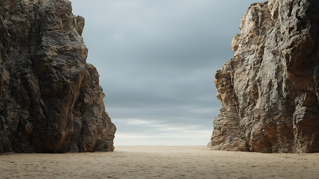 3D render of dramatic coastal cliffs framing empty sandy beach isolated on transparent background