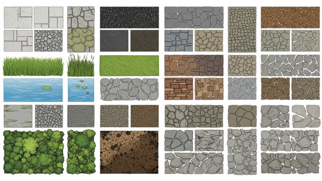 Vector CAD design style textures of various natural and industrial surfaces.