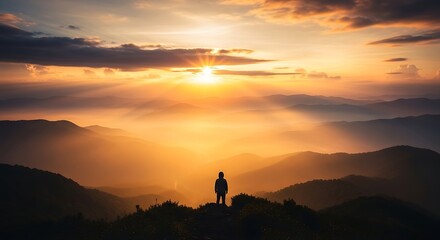 Fototapeta premium Person standing on mountain at sunset.
