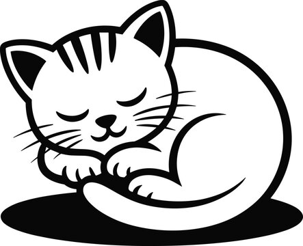 Sleeping cat curled up, cute cartoon, simple black and white art, line art