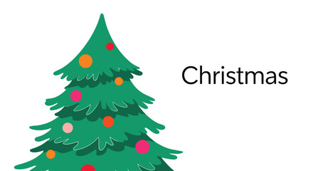 Obraz premium Green Christmas tree decorated with colorful round ornaments on a white background with the word Christmas in simple black text.
