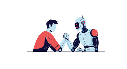 Fototapeta premium Dynamic illustration showing a human and a high tech robot engaged in an arm wrestling competition on a clean white background.