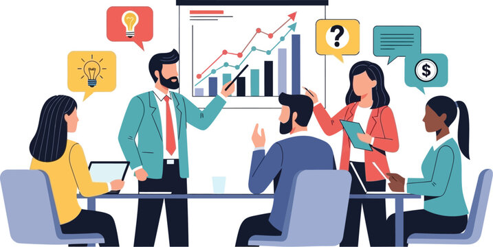 Business team collaborating in a meeting room, discussing growth charts.