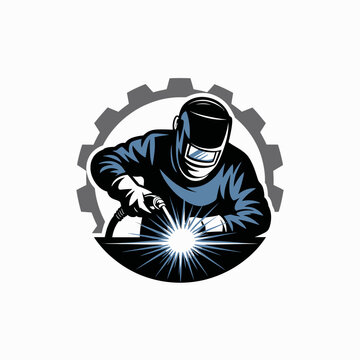 A welder is depicted wearing a protective helmet and working in front of a gear symbol.