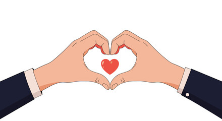 Fototapeta premium Two hands in suits coming together to form a heart shape with a small red heart symbol floating in the center space.