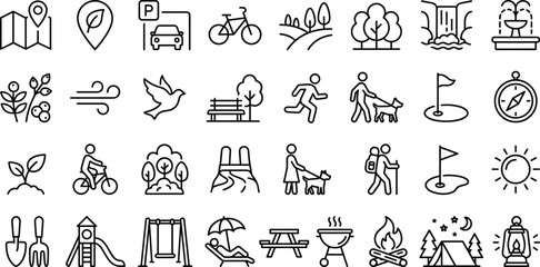 Outdoor Recreation and Nature Icon Set Featuring Camping, Hiking, Travel, Park Activities, Adventure, Exploration, Sports, and Leisure Line Vector Symbols © REYAD