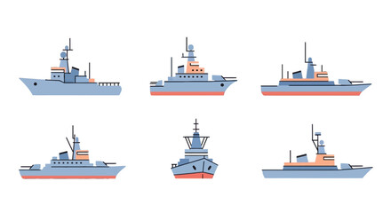 Modern Navy Warship Vector Illustration Set, Military Sea Fleet Icons in Flat Style Isolated on White Background. © Imroatul mutmainah