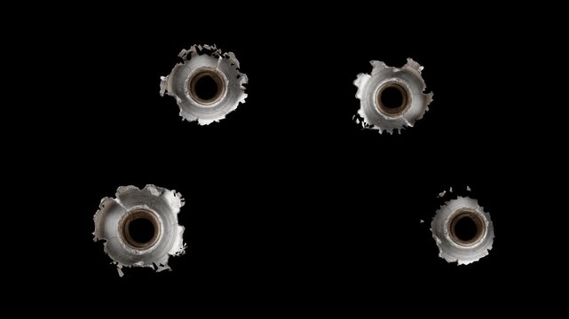 Broken metal cracks getting hit by gunshot bullets on Black Background. Gun Shot. Gun Fire. Shooting. 3D render