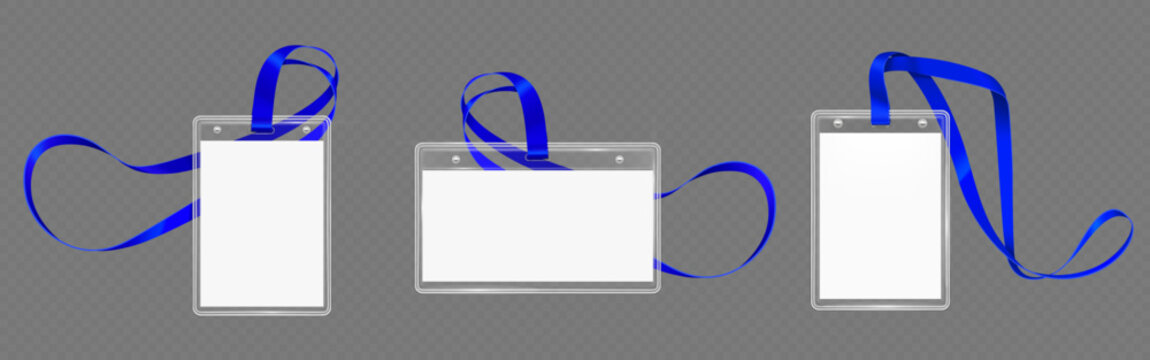Id badge mockup with blank white paper, transparent plastic card holder and blue lanyard, realistic vector isolated on transparent background. Design template for corporate office staff identification