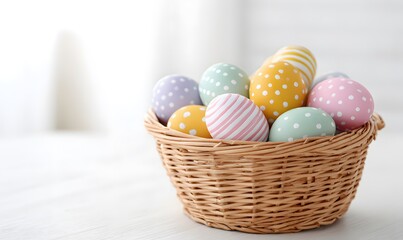 Fototapeta premium A wicker basket filled with colorful Easter eggs, neatly arranged, with patterns like stripes, polka dots, and pastel swirls