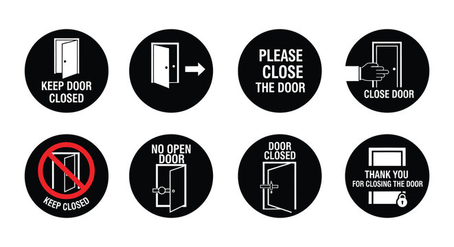 Collection of black door signs keep closed do not enter restricted access
