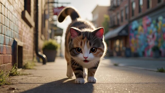 Cat walking down city alley.